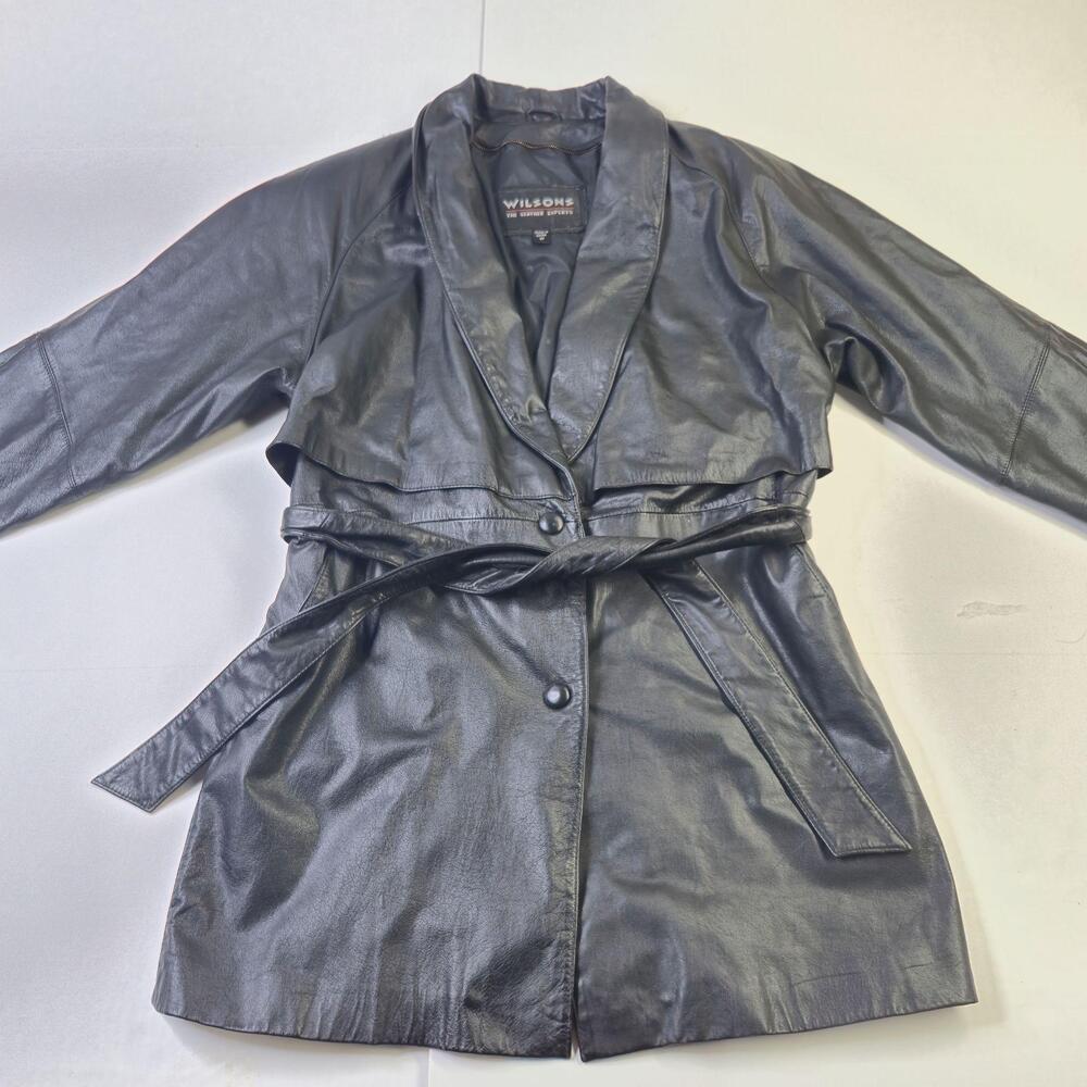 Vintage Wilsons Leather Coat Womens Medium Black Belted Trench 3M Thinsulate 90s